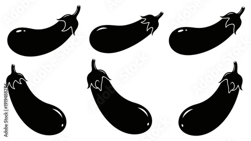 Six Black Eggplants Isolated on White Background, Top View, Healthy Food Concept