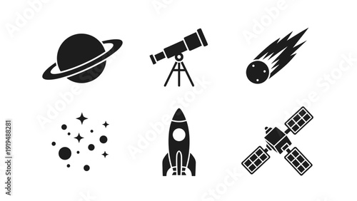 Space Icons: Planet, Telescope, Comet, Stars, Rocket, Satellite