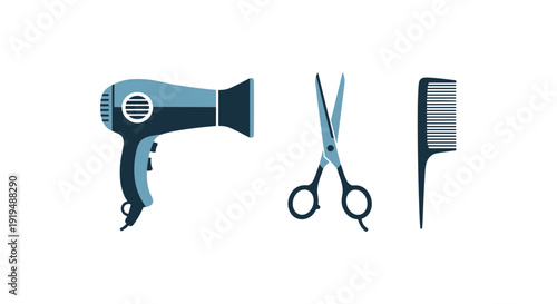 Blue hair dryer, scissors, and a comb arranged on a plain white background for hair care.