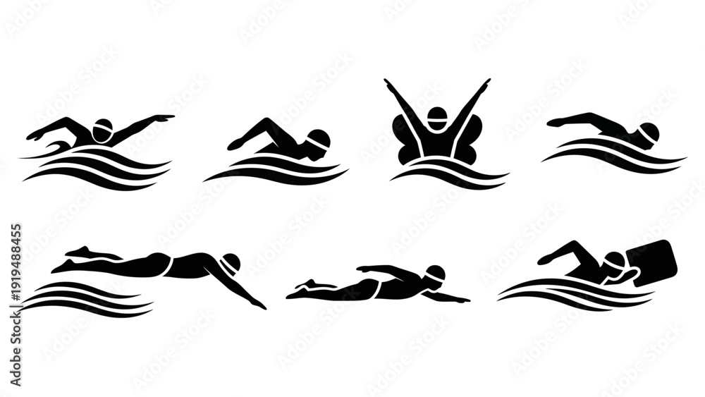 Obraz premium Swimming Strokes Icons Set: Freestyle, Butterfly, Backstroke, Breaststroke Silhouettes