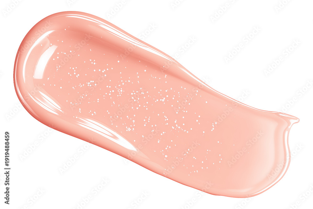 Fototapeta premium Peach cosmetic smear lip gloss with sparkles isolated on white background, concept of beauty skincare