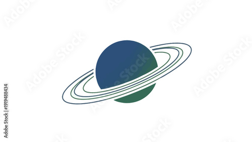 Stylized Saturn Planet with Rings, Cosmic Space, Blue Green Gradient