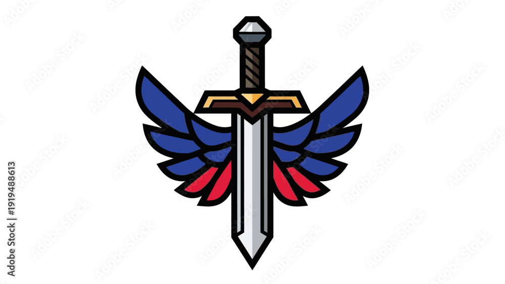 Fototapeta premium Winged Sword Emblem with Red, White, and Blue Wings - Symbol of Power and Victory