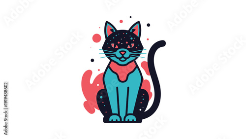 Whimsical Cosmic Cat Sitting, Teal, Pink, Space Elements, Cute Animal Illustration