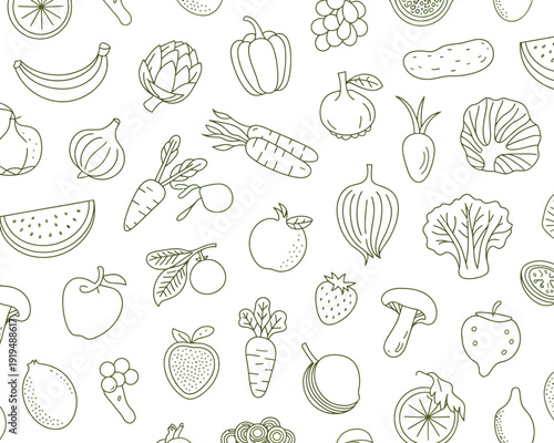 A-set-of-minimalist-black-and-white-icon" featuring a diverse and healthy seamless pattern of fresh fruits and vegetables, ideal for modern food-related branding and graphic designs