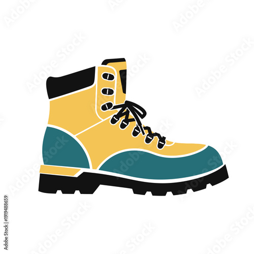 Yellow and Teal Hiking Boot Icon, Outdoor Adventure Footwear