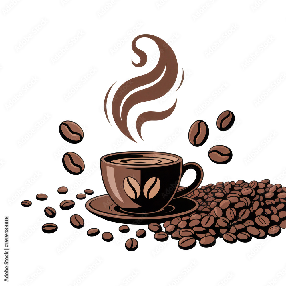 Obraz premium Brown coffee cup with steam and beans on saucer isolated on a transparent background