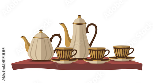 A modern and stylized tea set with warm colors, including pots and cups, is arranged on a red shelf.