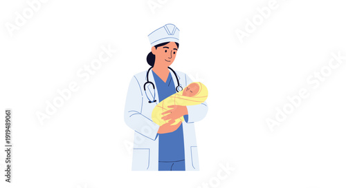 A smiling female doctor in a white coat, scrub cap, and stethoscope holds a swaddled newborn baby wrapped in yellow.
