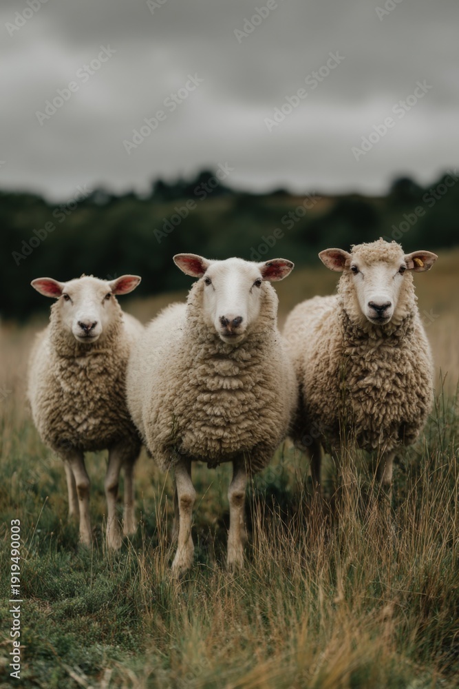 Fototapeta premium Three sheep standing in a field under cloudy sky