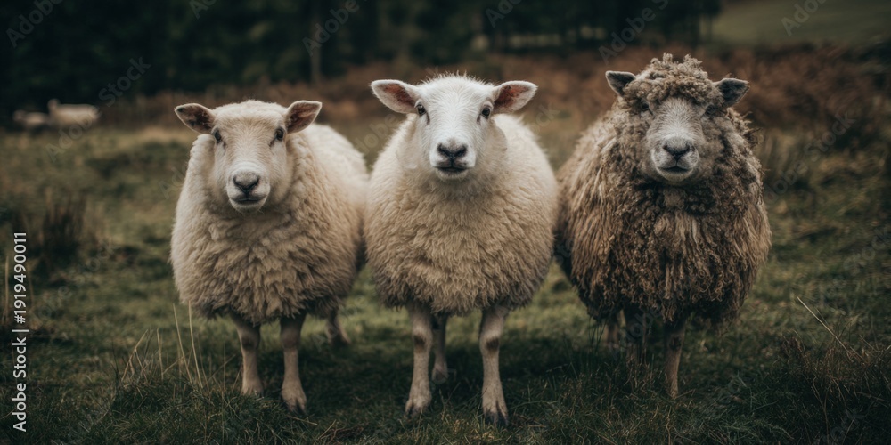 Fototapeta premium Three fluffy sheep standing in a grass field