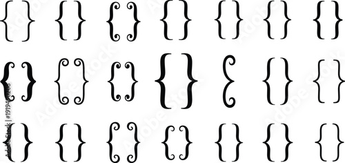 A collection of curly bracket symbols on a white background, used for coding and programming.