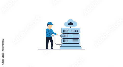 A technician in a hard hat connects a cable into a server rack with a cloud icon above.