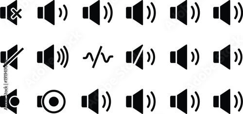 Collection of various black speaker and volume icons, sound wave symbols, and audio control graphics on white background for digital media and communication design.