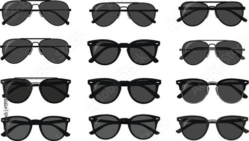Collection of various black sunglasses with different frame styles and designs on a white background, perfect for fashion and accessory concepts.