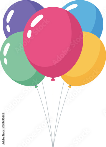High quality photo of Colorful bunch of party balloons with strings isolated on white background