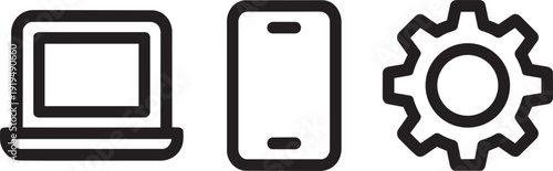 Set of black linear technology icons including laptop mobile phone and gear for web interface