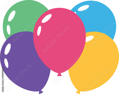 High quality photo of Group of five colorful party balloons isolated on white background