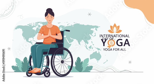 Illustration of International Yoga Day with woman in wheelchair practicing yoga meditation. International Yoga Day promotes inclusivity, well being for people with disabilities, featuring global map.