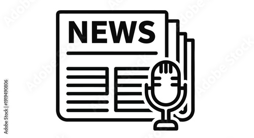 News reporting icon featuring a newspaper and microphone in a linear style