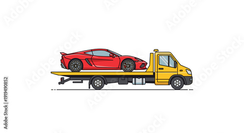 A sleek red sports car is securely transported on a yellow flatbed tow truck.