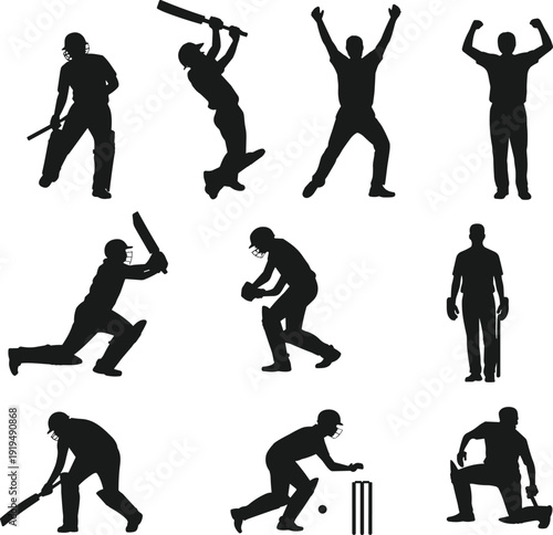 Cricket Player Silhouettes Collection with Batting, Bowling, Fielding and Celebration Poses, Professional Sports Action Figures Isolated on White Background Vector Set