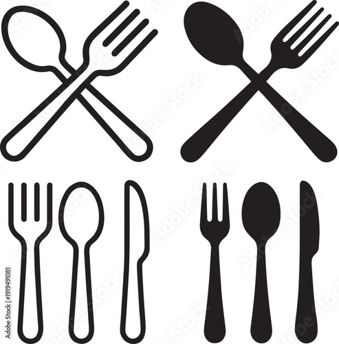 Spoon fork knife bold uniform stroke silhouette icons.