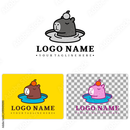 Cute Capybara Mascot Logo - Vector Animal in Onsen Bath with Fruit