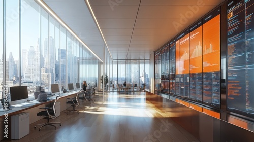 Modern office with large digital screens displaying data, a long desk with people working, and a city view outside the window.