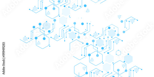 Abstract Blue Hexagonal Molecular Technology Network with Connected Lines and Dots, High Tech Digital Circuit Patterns on Light Minimal Futuristic Background.