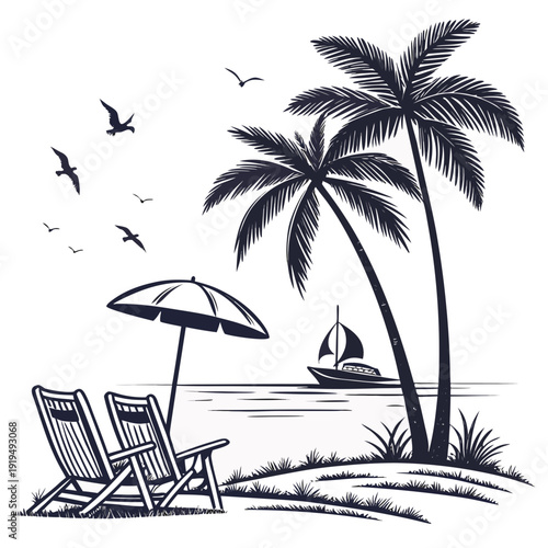 A black and white drawing of a beach scene with a chair and palm trees Vector