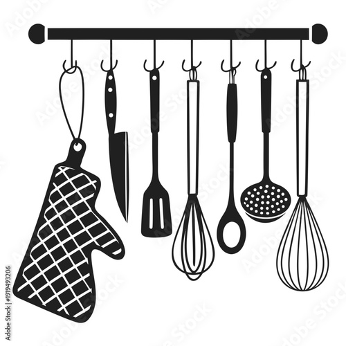 A collection of kitchen utensils hanging on a rack Vector
