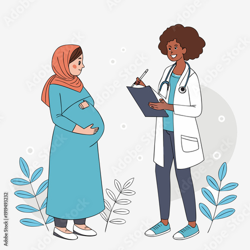 A pregnant woman talking to a doctor Vector