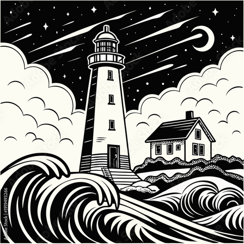 A black and white drawing of a lighthouse on a rocky coastline at night Vector