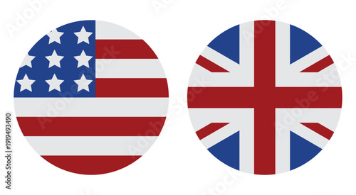 united states and united kingdom round flag icons set, usa and uk circular national flags isolated on white background, international vector illustration