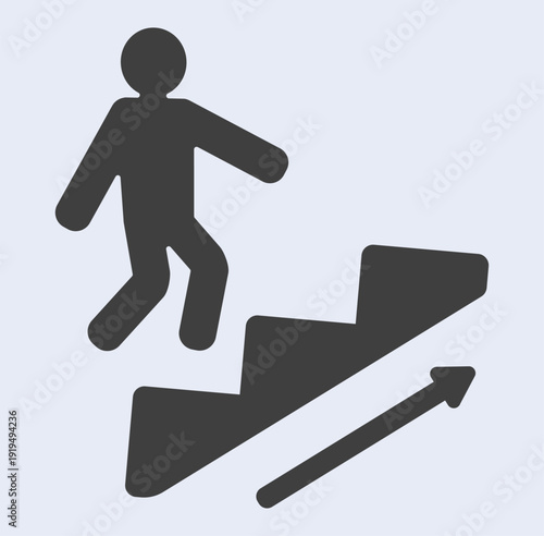 Career progress icon: person climbing stairs with arrow.