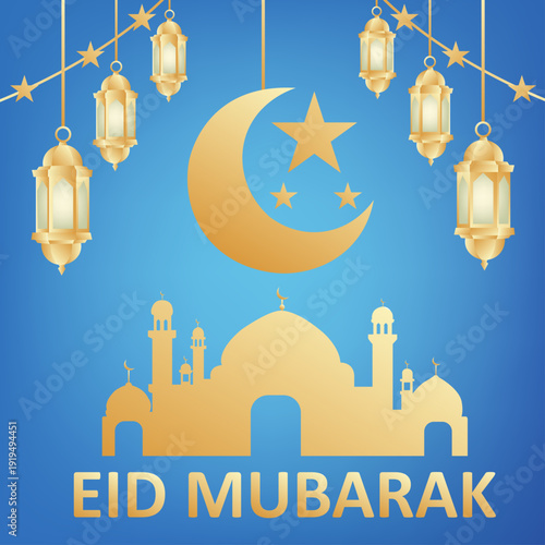 Eid mubarak greeting card with mosque, lanterns, crescent moon and stars on blue gradient background