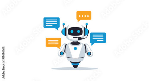 Friendly customer service chatbot robot wearing a headset communicating with multiple text bubbles