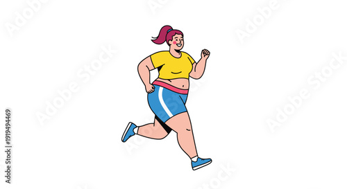 A plus-size woman with a ponytail is jogging or running in athletic wear on a white background.