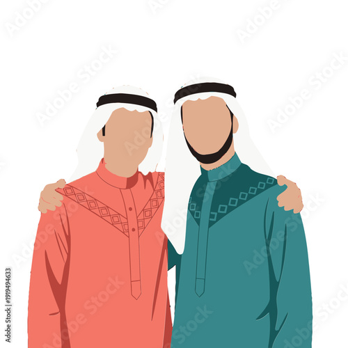 Two arab men with traditional clothing embracing each other over transparent background