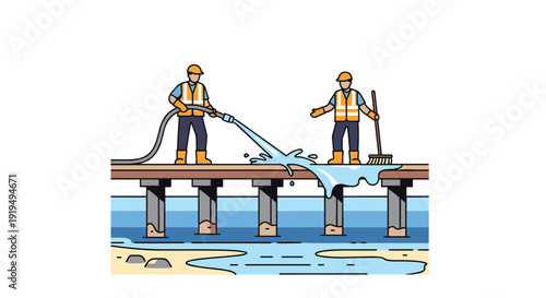 Two construction workers are cleaning a wooden pier with a water hose and a broom, splashing water.