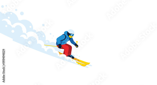 A person in blue and red ski gear is skiing down a snowy mountain slope, kicking up powder.