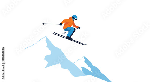 A person in orange and blue ski gear is performing an airborne jump over snowy mountains.