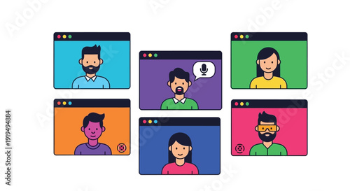 Five diverse participants engaging in a colorful group video conference call meeting on computers