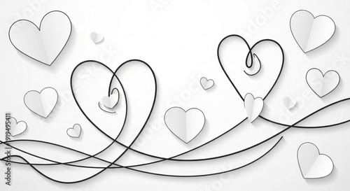 Interconnected black line art hearts with floating white hearts on a white background for love and relationship concepts