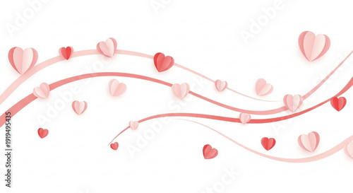 Valentine's day hearts float on wavy pink lines festive love and romance concept with red and pink hearts on white background