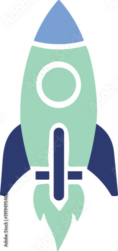 A simplified cartoon rocket ship illustration with blue and green tones