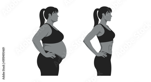 Female body transformation showing an overweight woman next to a fit, muscular woman in sportswear in grayscale profile.