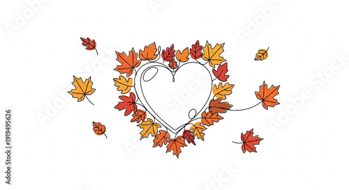 Heart shape surrounded by colorful autumn leaves on white background symbolizing love and seasonal change