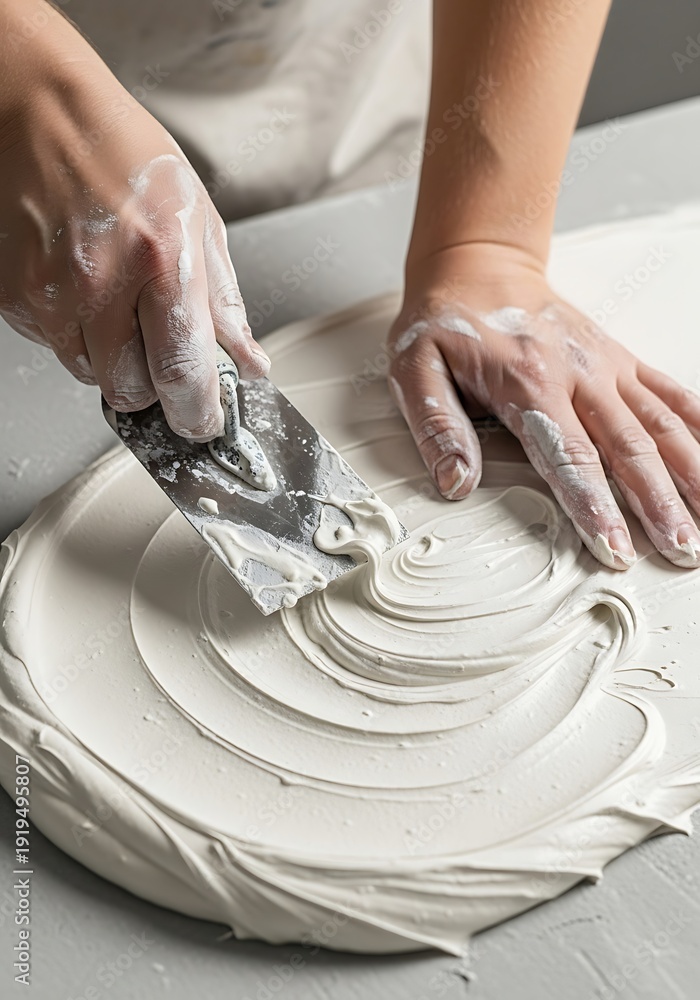 Fototapeta premium Artistic gypsum application, hand using spreader for creating texture pattern